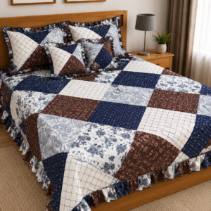 ELEGENT BLUE & BROWN PATCHWORK GLACE COTTON BEDSHEET