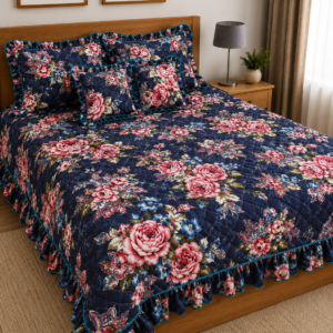 ROYAL BLUE ROSE FLORAL GLACE COTTON BEDSHEET SET
