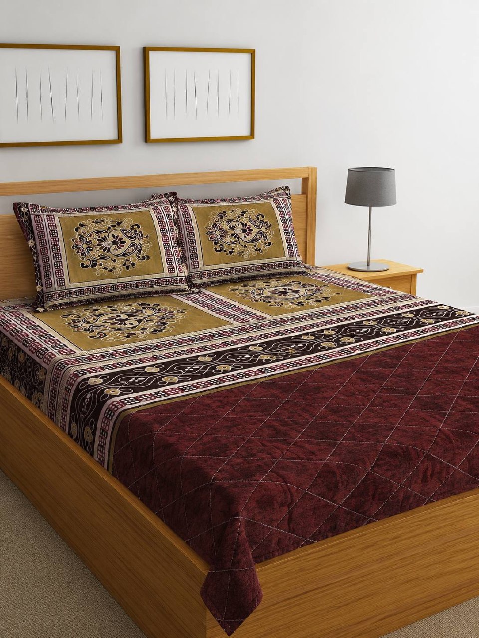 ROYAL MAROON & MUSTARD ETHNIC PRINT BEDSHEET