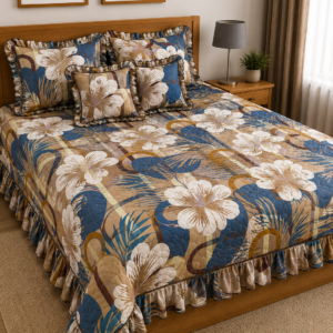 ROYAL BLUE FLORAL GLACE COTTON QUILTED BEDSHEET SET